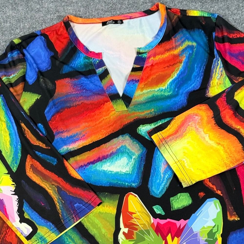 Lily by Firmiana V Neck Tunic Dress 2X Colorful Abstract Artsy Art Cat Graphic